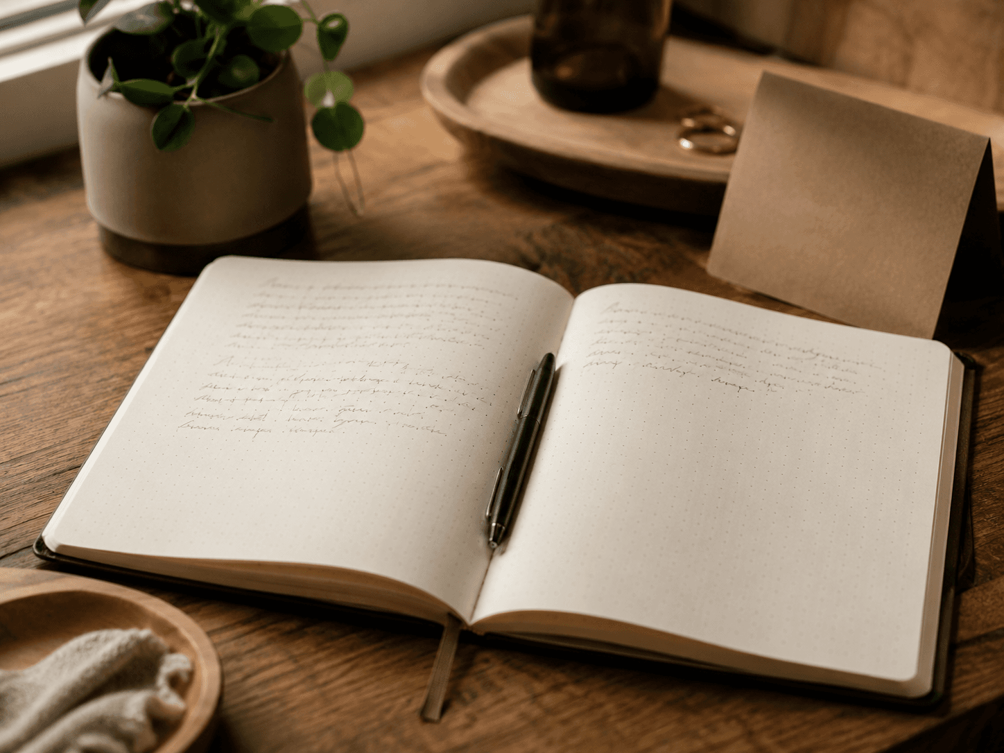 An open journal and pen on a warm desk